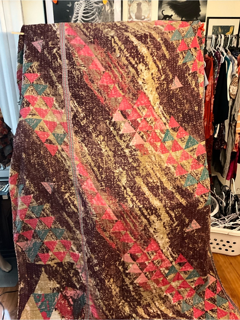 Kantha Quilt Twin In Purple, Pink , Teal and Tan